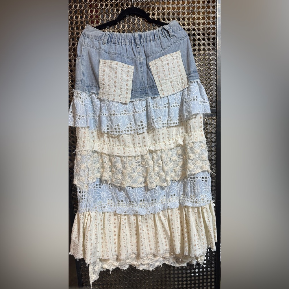 POL Denim Top Tiered Lace Maxi Skirt in Light Blue and Cream - Picture 2 of 2